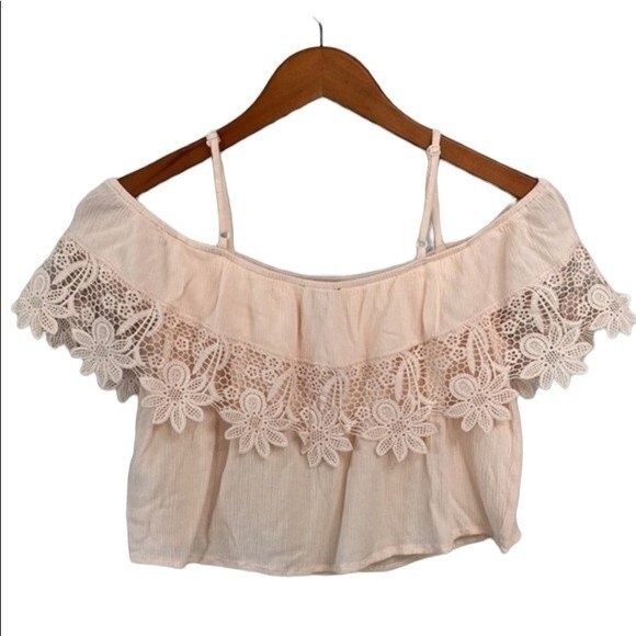 Forever 21 Off The Shoulder Strappy Crochet Lace Crop Top Gauze Cottagecore Soft - Picture 2 of 12